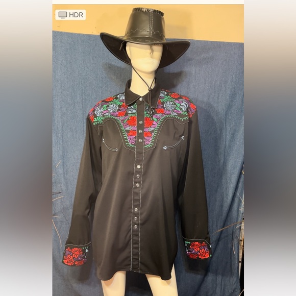 Scully Western Mens Black Polyester L Big Tooled Floral Western Shirt - Picture 1 of 7